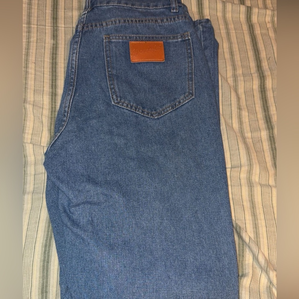 SHEIN Blue Flare Jeans with Brown Accent
